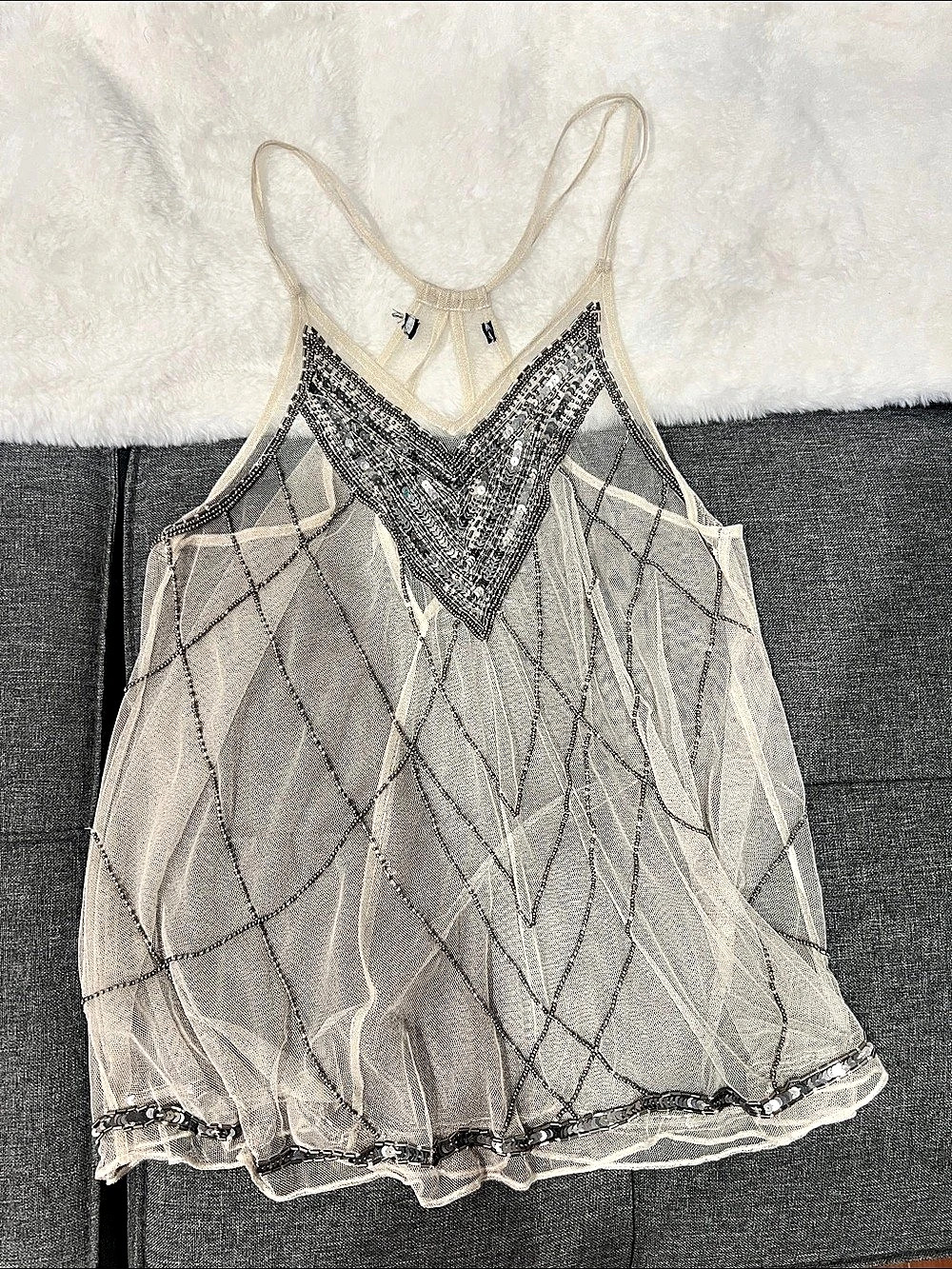 Embellished Geometric Camisole in Gray & White